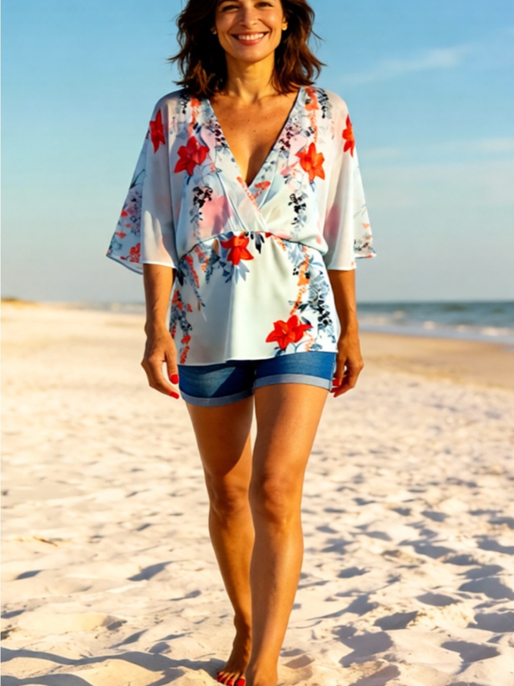 White House Black Market Light Blue Floral Wrap Tunic with Red Accents